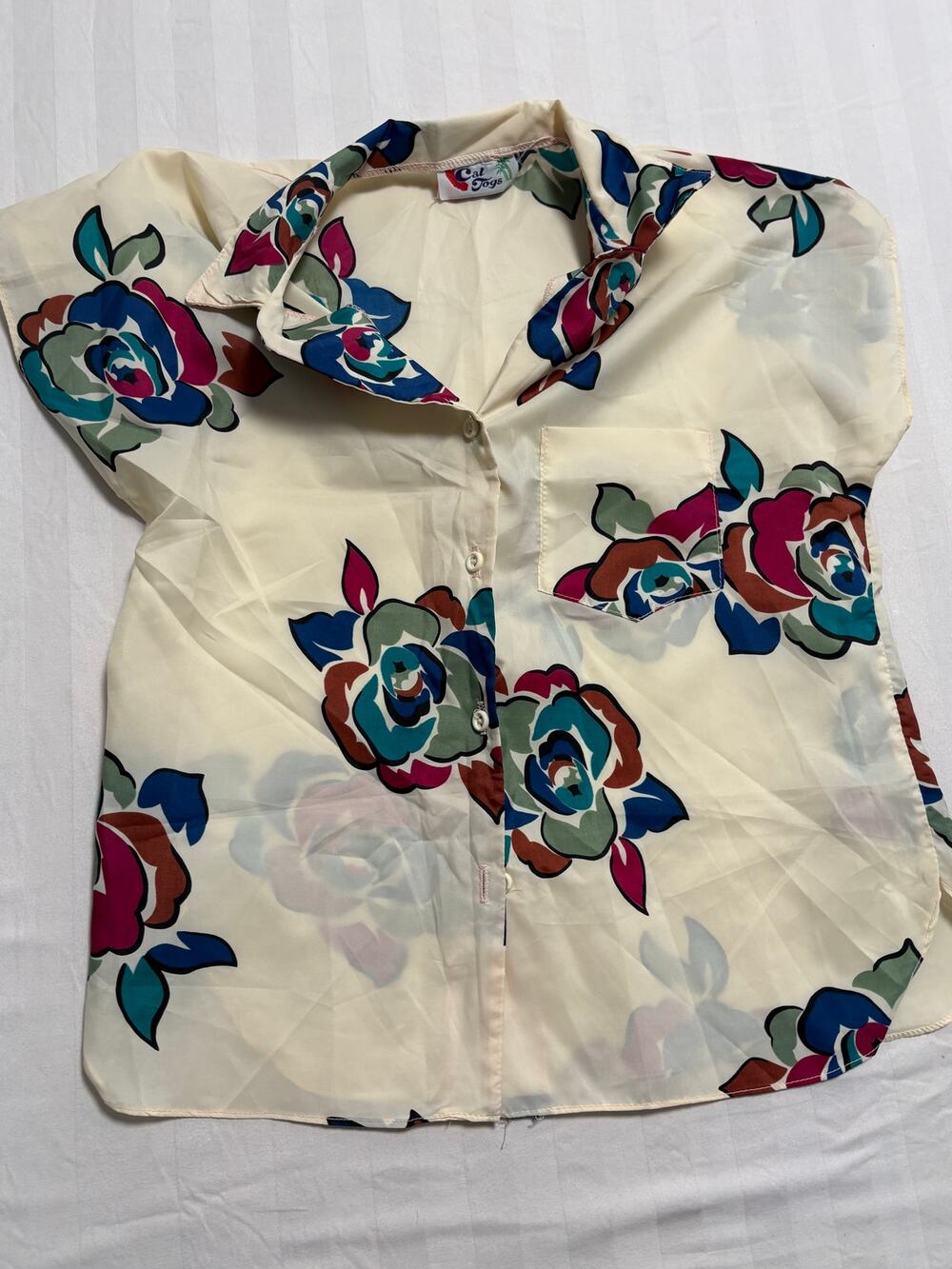 Vintage Cat Togs Floral Button Up Blouse Womens Retro Sheer Top